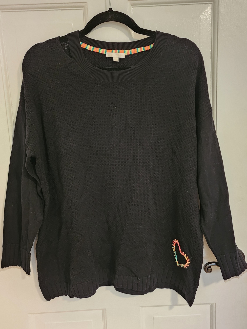 Lisa Todd Black Rainbow Embroidered Heart Cutout Shoulder Cotton Knit Sweater XL